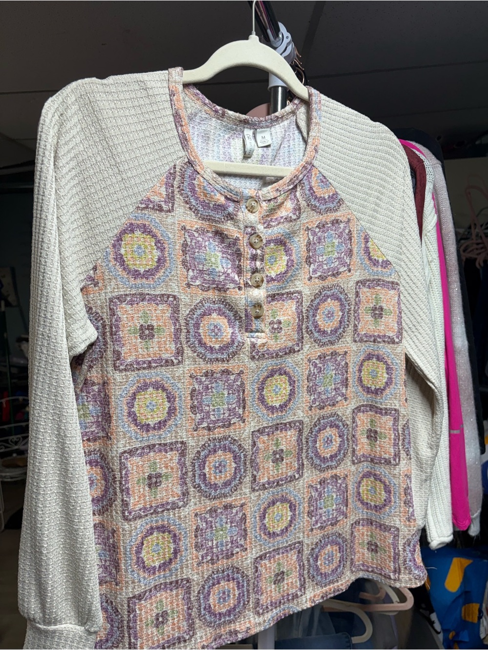 Cato Cream Waffle-Knit Raglan Henley with Pastel Mosaic Front